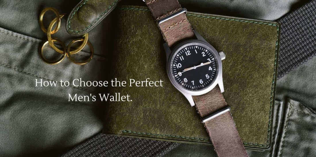 A green leather wallet with wrist watch on it