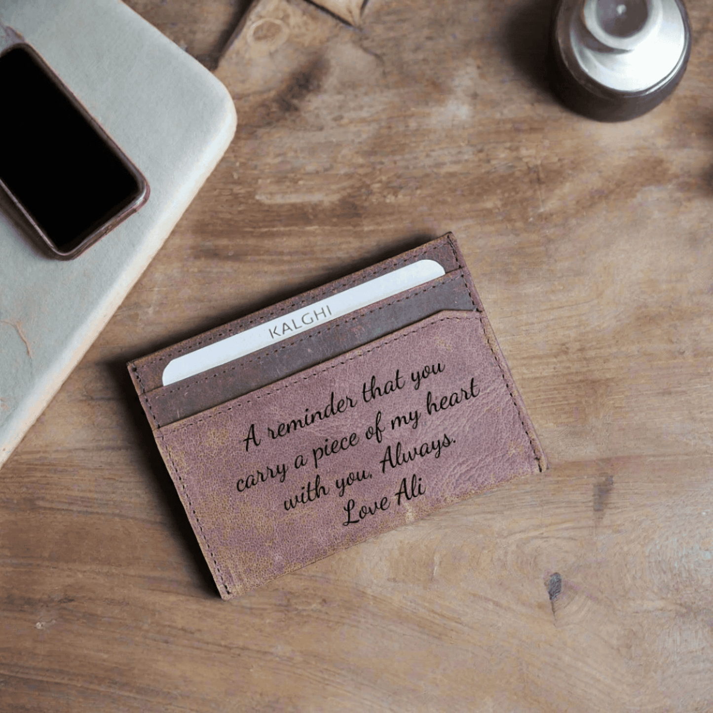Leather Card Holder with Message and Name - KALGHI
