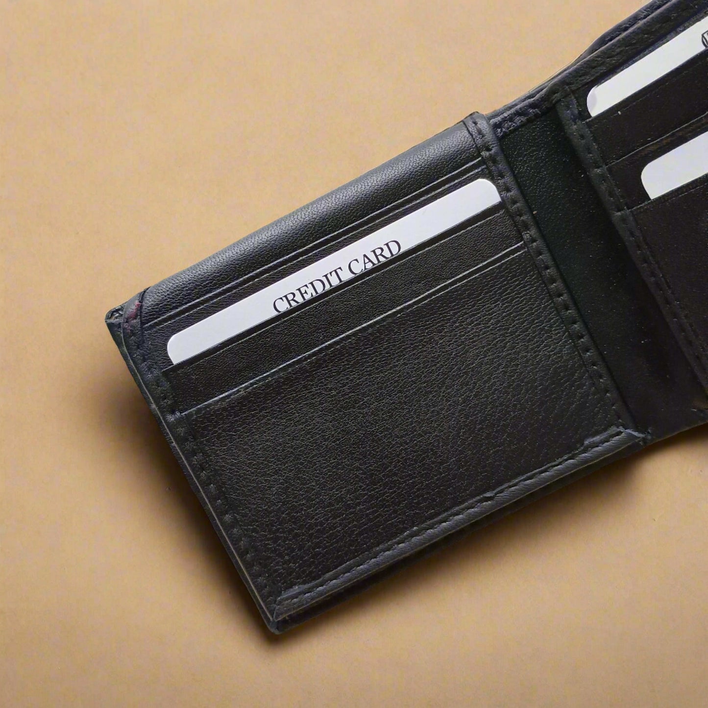 Men's Black Leather Wallet Personalised with Message - KALGHI
