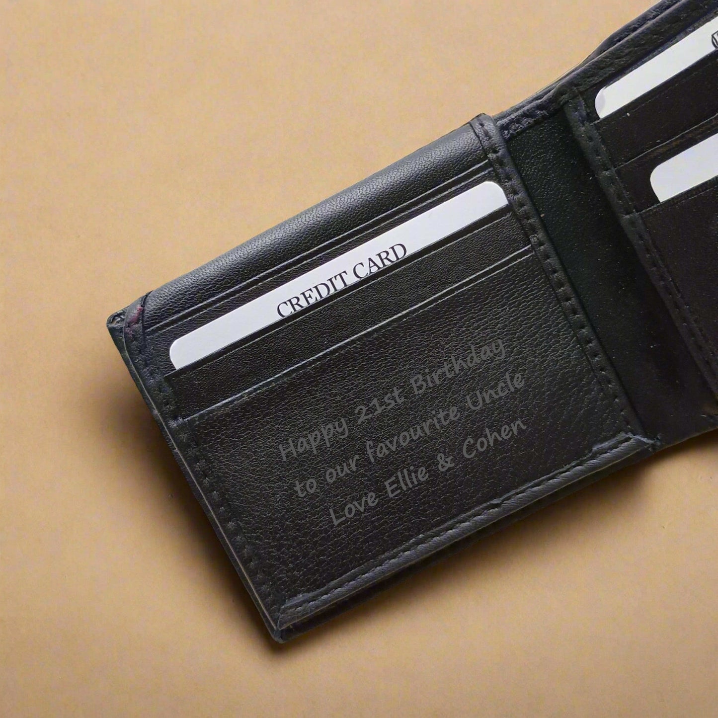 Men's Black Leather Wallet Personalised with Message - KALGHI