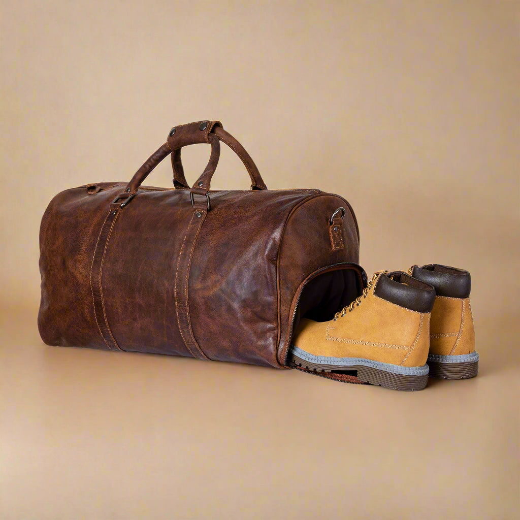Leather Overnight Bag - Rugged Leather Duffel Bag- Sandal