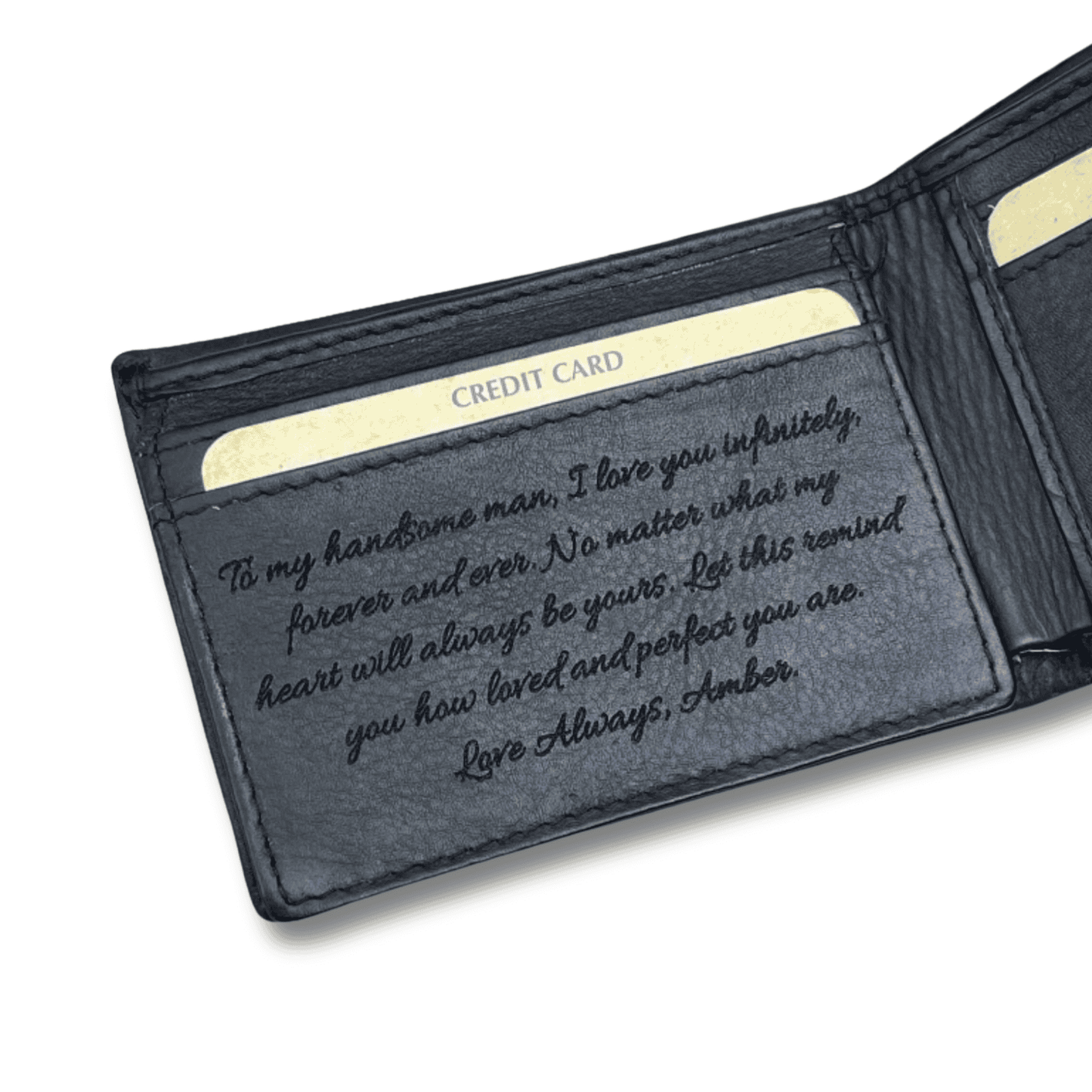 Black leather wallet with personalised message engraved.