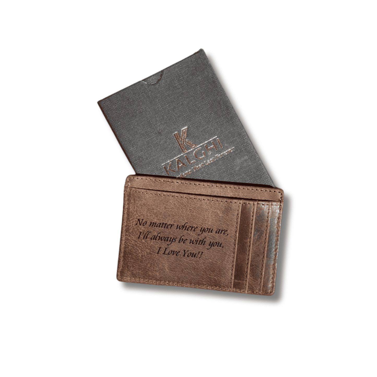 Brown leather card holder with personalised engraved message.