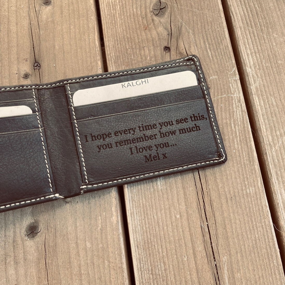 Personalised Handwritten messages on a leather wallet