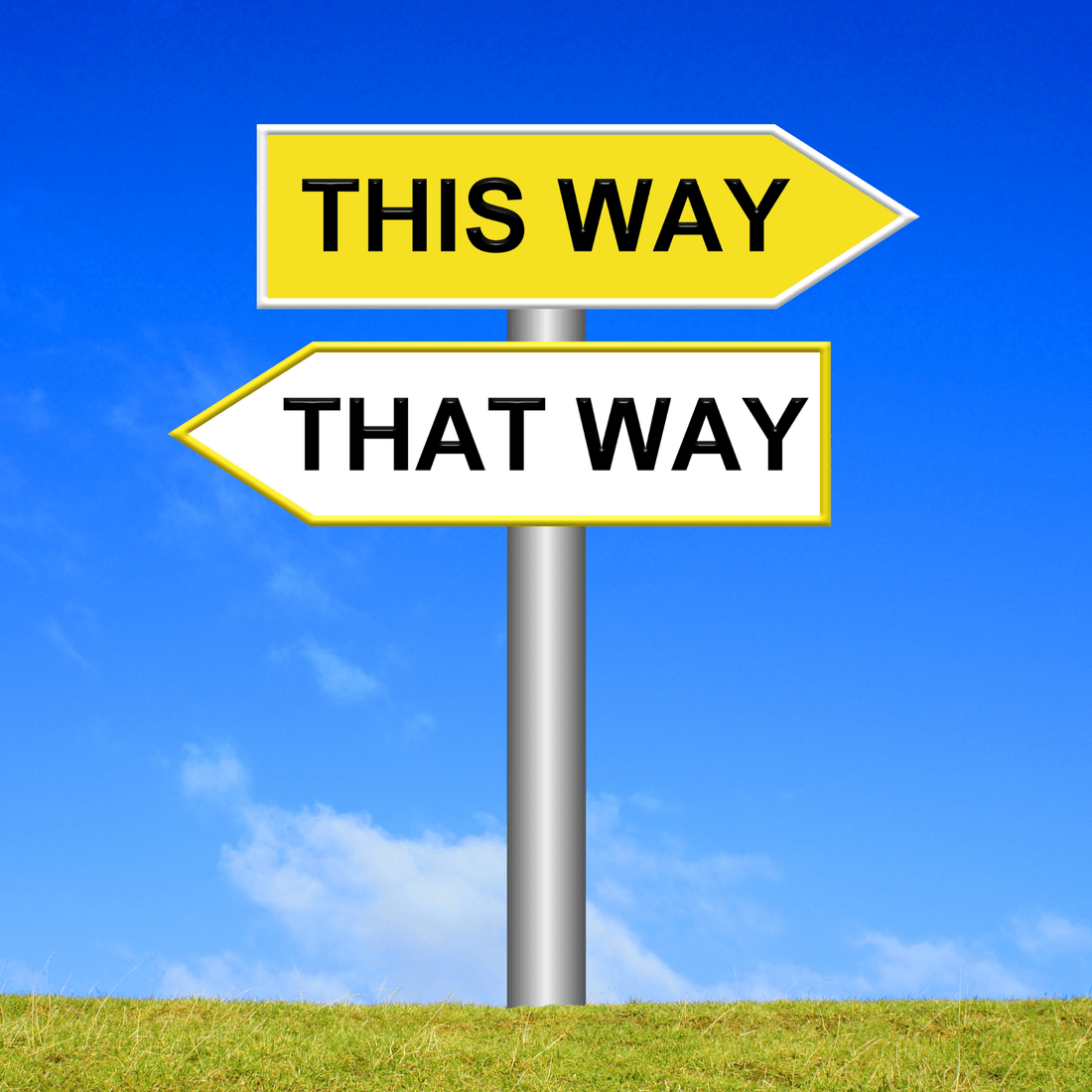 Directional signpost with arrows indicating 'This Way' and 'That Way' against a clear blue sky.