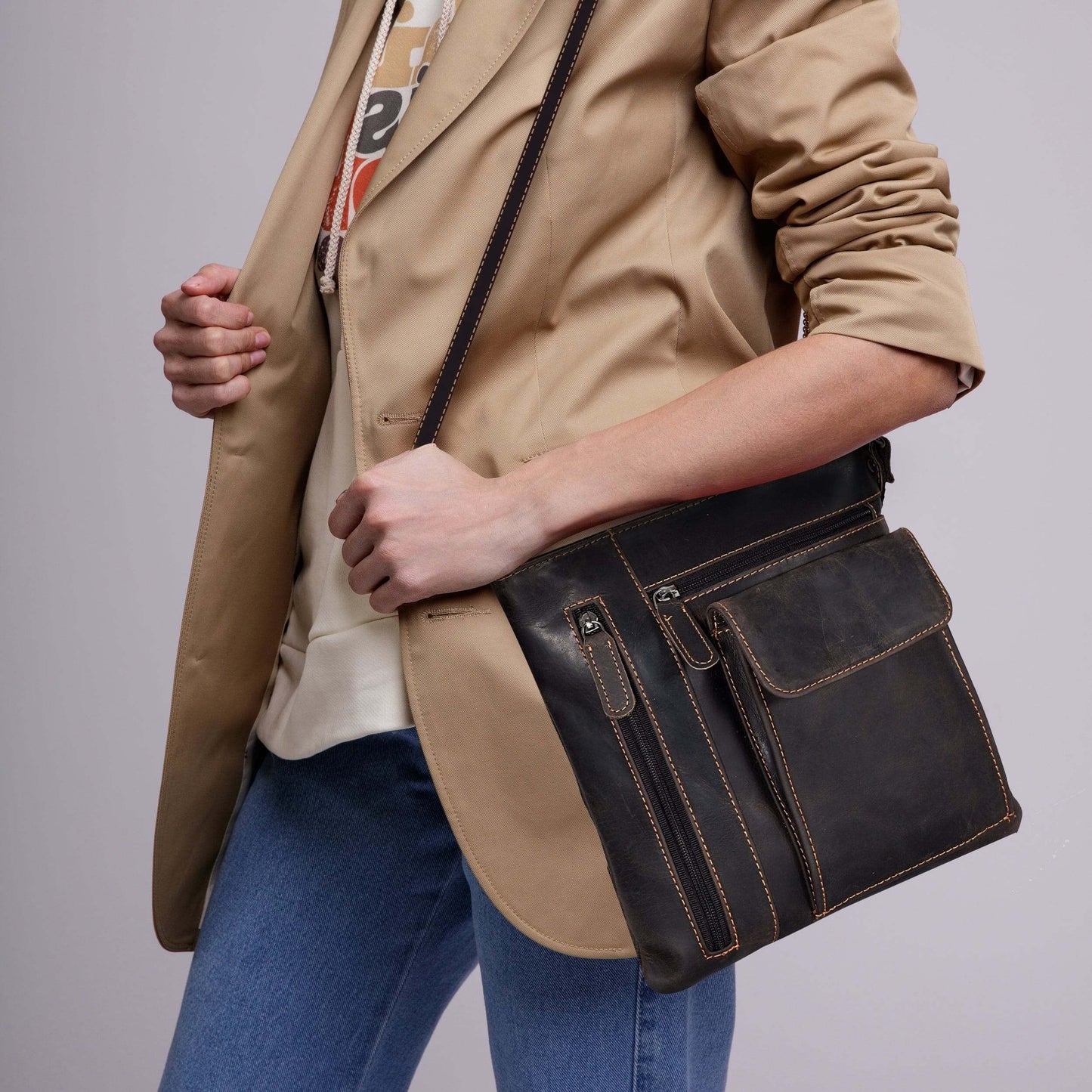 KALGHI Cross Body Bag Ladies Cross Body Leather Bag Brown