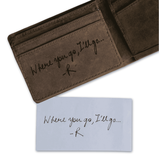 Leather mens wallet with personalised message engraved inside.