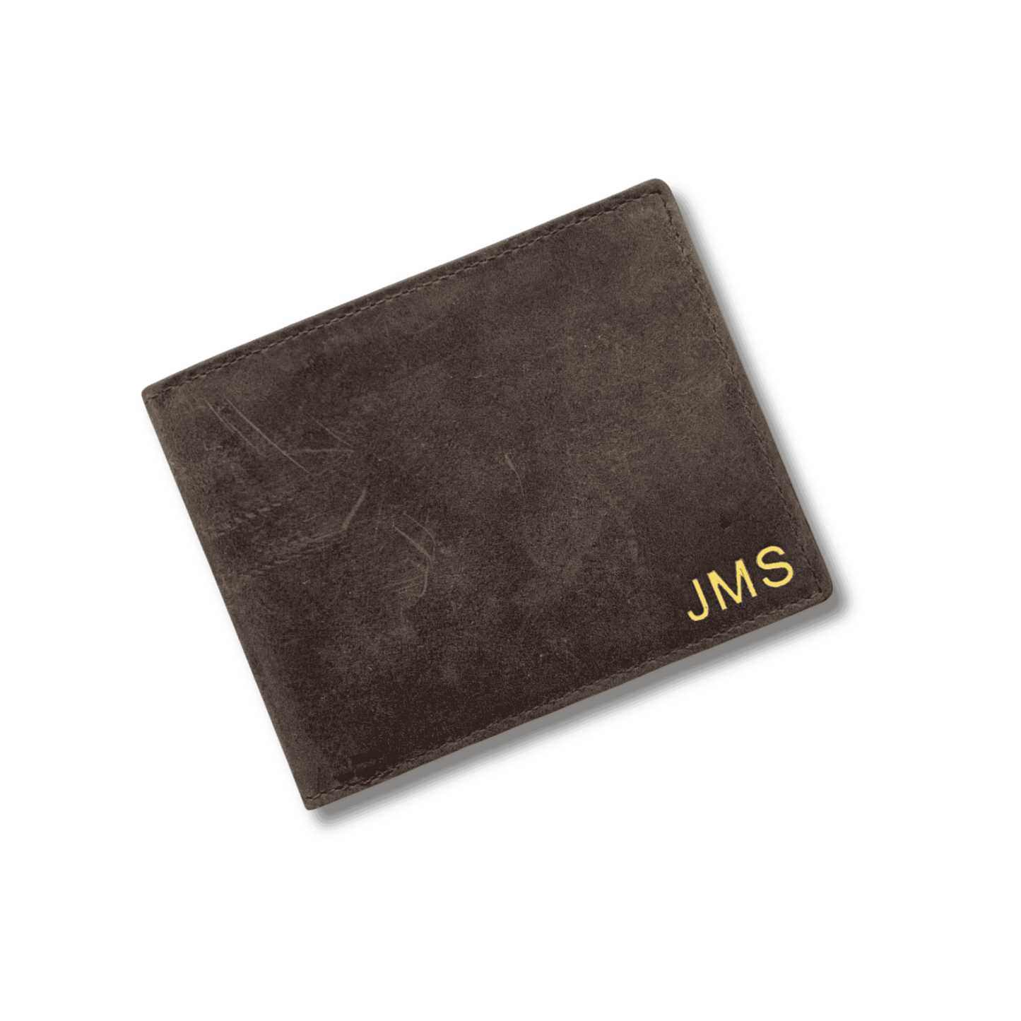 Brown leather wallet with initials embossed.