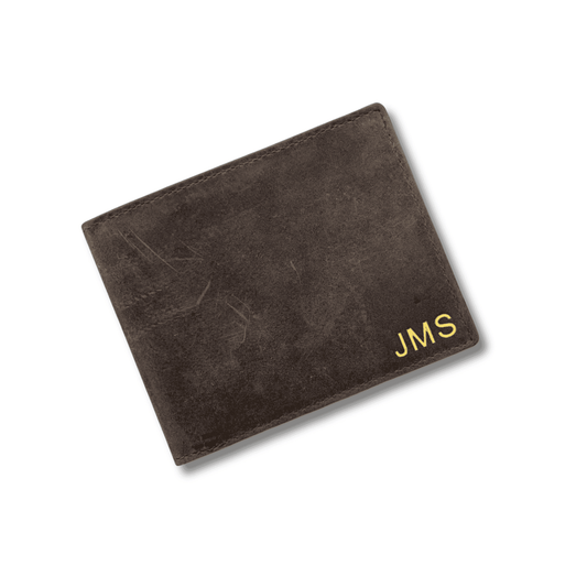 Brown leather wallet with initials embossed.