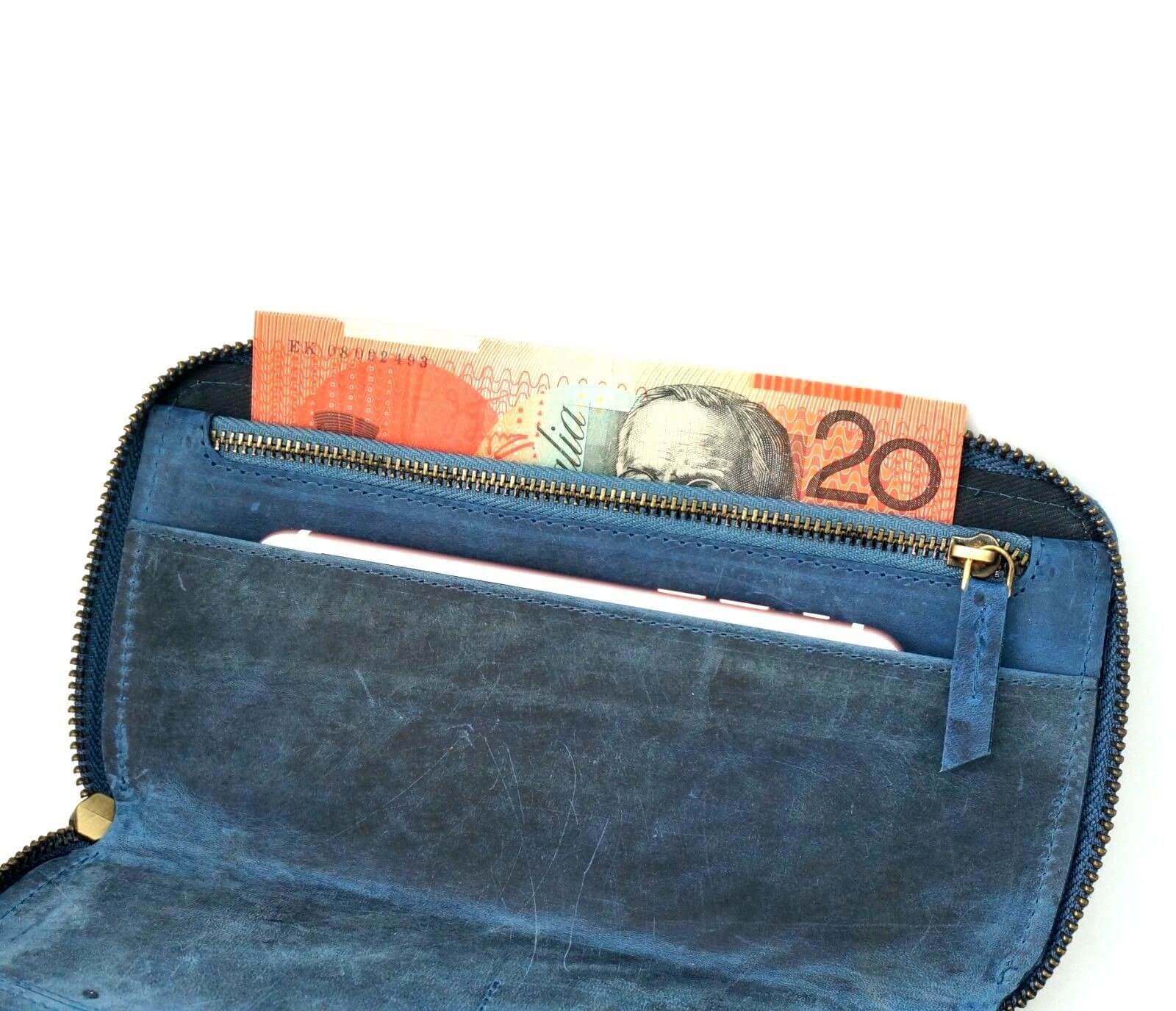 Personalsied Ladies Blue Zip Around Wallet - KALGHI - KALGHI LEATHER