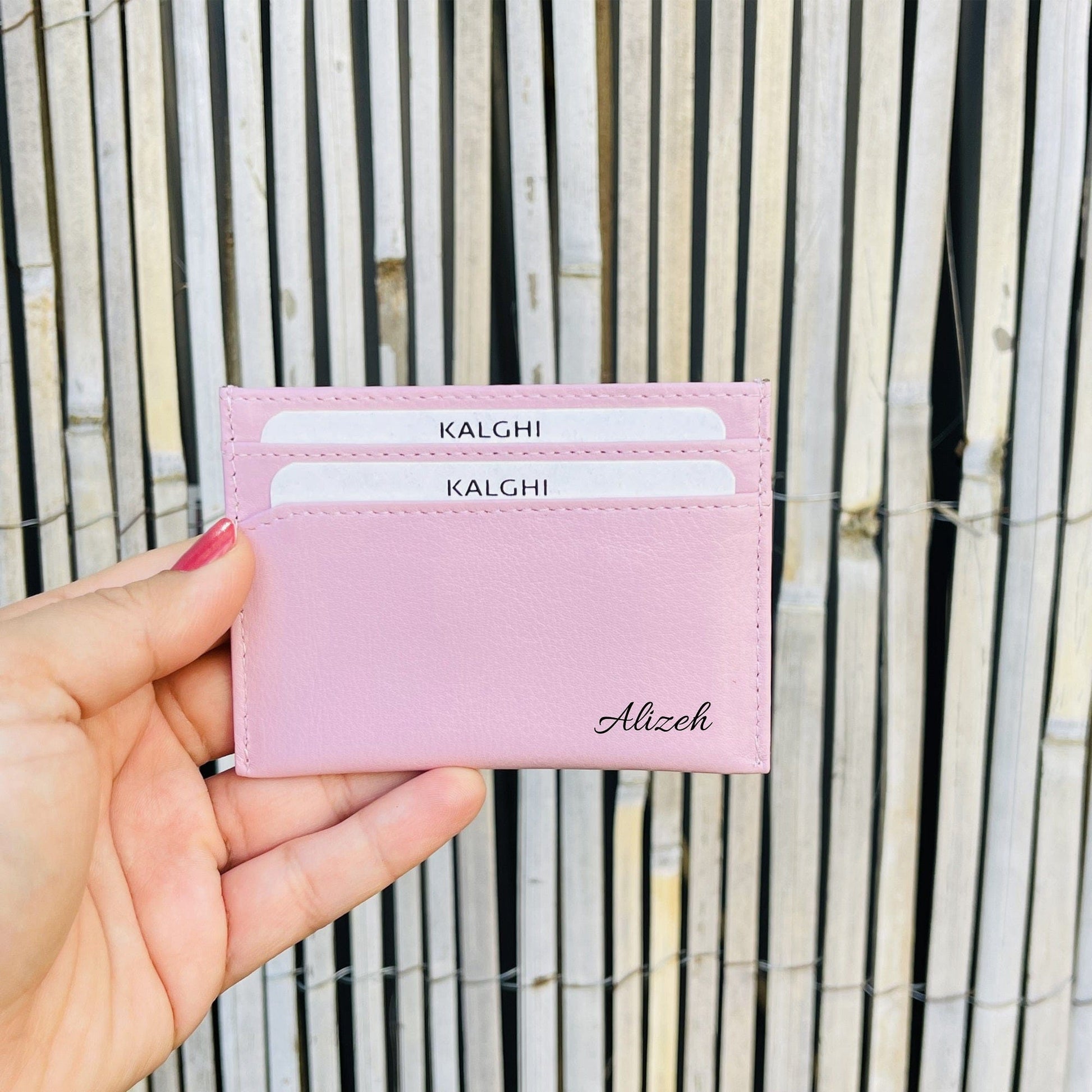 Pastel Pink CARD HOLDER with Message and Name - KALGHI - KALGHI LEATHER